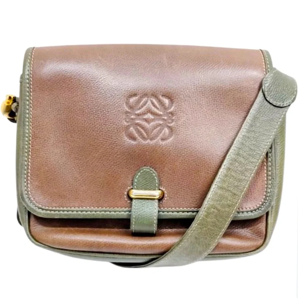 LOEWE Brown Green Leather Single Flap Shoulder Bag UNISEX